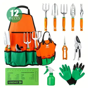Garden tool set, 12-piece aluminum hand tool kit, garden canvas apron with storage bag, outdoor tools