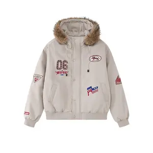 F426 Official Store Retro Hooded Fur-Collar Parka Padded Bomber Jacket with Detailed Patches