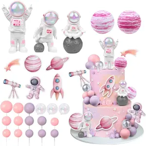 27 PCS Pink Space Cake Toppers Astronaut Figurines Outer Space Astronaut Planet and Rocket DIY Cake Topper for Birthday Party Baby Shower Supplies