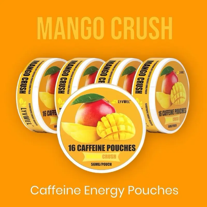 LYVWEL Organic Mango Crash Energy Pouches, 16 Premium Dry Caffeine Pouches (56mg Each), Sugar-Free Pre-Workout Beverage for Mental Clarity & Energy
