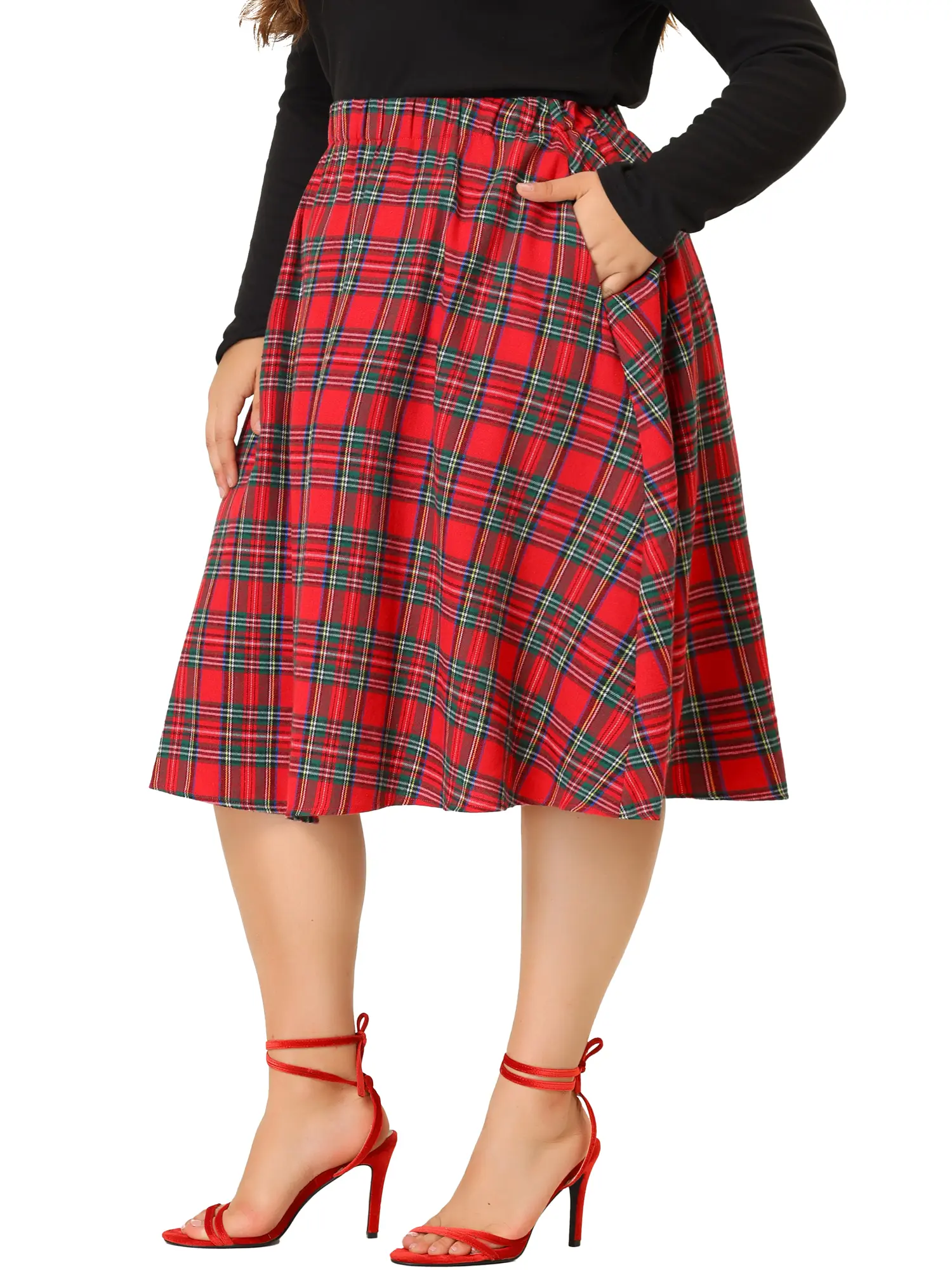 Agnes Orinda Plus Size Vintage Skirt A-line Plaid Printed Flare Elastic High Waist Midi Skirts