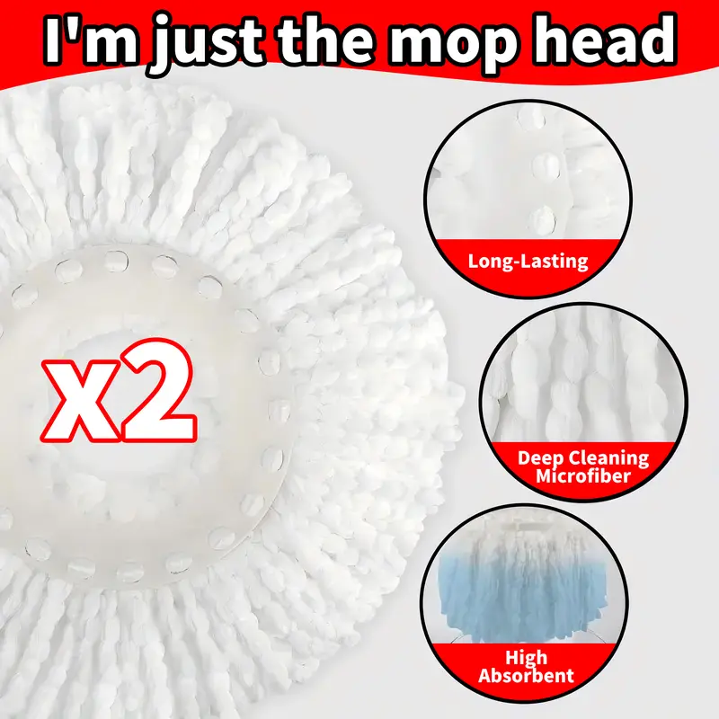 Microfiber Mop Replacement Heads 2-Piece Set - Standard-Size Round Absorbent Refills for Most Modern, 360° Spin Mops, Wide Area Sweep, Easy-Clean Cleaner, Indoor Household Items, Includes Storage Pouch