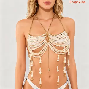 Pearl Beaded Body Chain Halter Tassel Design Stylish Bikini Accessory For Women Beach Vacation Wear