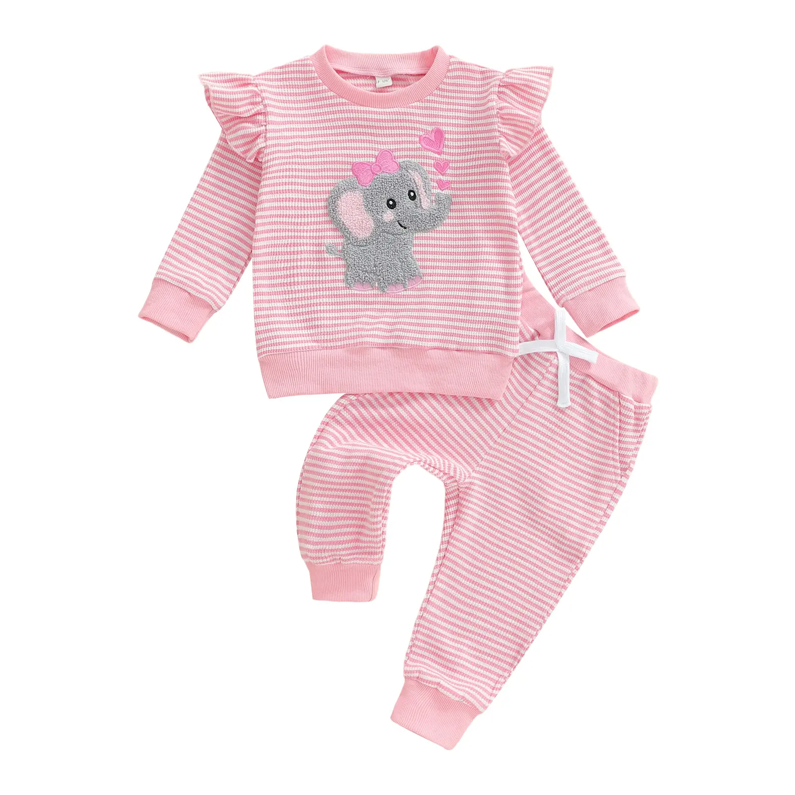 Canrulo Fall Winter Toddler Baby Girl Clothes Elephant Embroidery Ruffle Shirt Top Pants Set 2 Piece Newborn Infant Girl Outfit