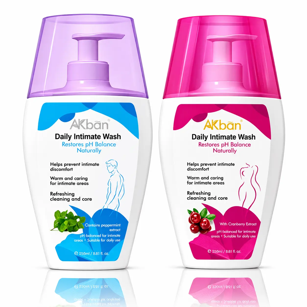 AKBAN Women's Cranberry Extract & Peppermint Liquid Intimate Wash - 250ml Bottle, pH-Balanced, Fresh, Moisturizing, Antibacterial, Mild Soothing for Sensitive Areas, No Harsh Additives, Daily Feminine Care