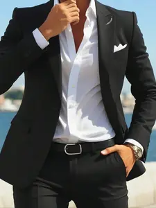 Men's Solid Color Business Suit Jacket, Formal Slim Fit Long Sleeve Lapel Neckline Blazer for Work Office, Fashion Men's Clothing for Summer, Menswear