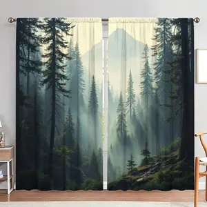 Forest & Fog Print Door Curtain, 1 Set Including 2 Counts Door Curtain with Tie Rope, Home Decor for Living Room Bedroom Study Room
