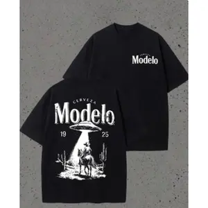 Modelo Cowboy Graphic-Shirt Cotton Retro Streetwear Tee With Cerveza Modelo Letter Print,  Western Cowboy Desert Scene Design, Oversized Casual Short Sleeve Men's Summer Fashion