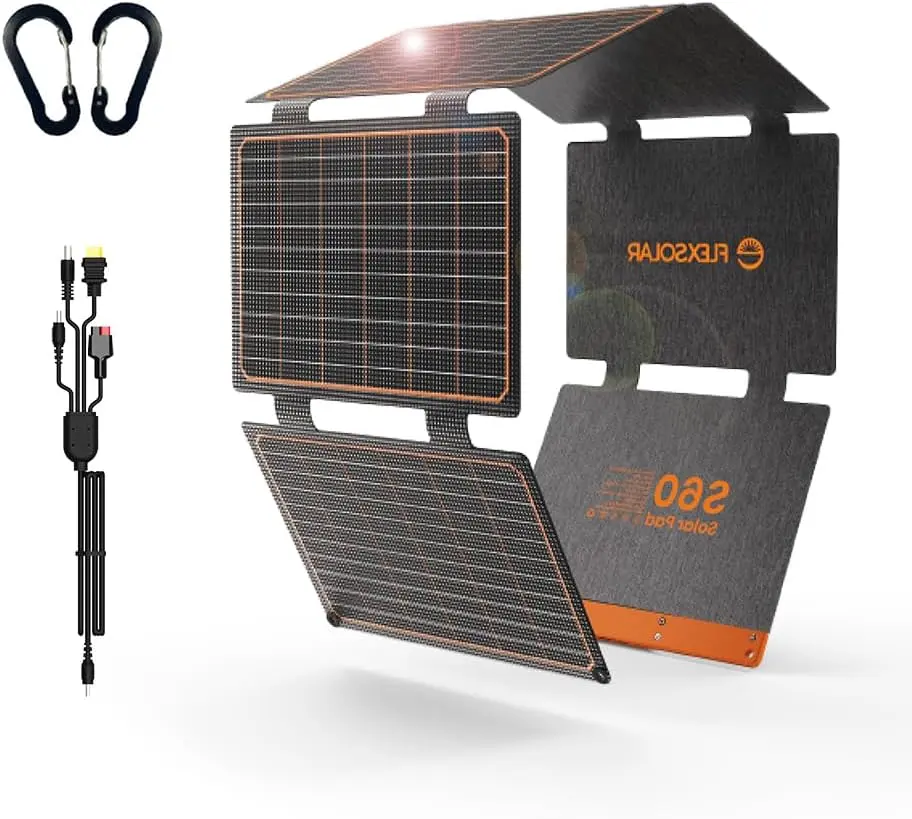 FlexSolar 60W High Efficiency Folding Solar Panel Charger - Outdoor Silicon, PD3.0 USB-C, QC3.0 USB-A, DC Output, IP67 Waterproof for Power Stations, Phones, Sunlight Charging, Camping Emergencies, High Efficiency Solar
