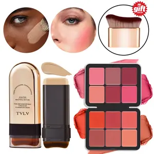 Women Flawless Makeup Gift Set, 2-in-1 Foundation Concealer Stick with Built-in Brush, 12 Shades Cream Blush Palette & Contour Brush, Full Coverage Waterproof Long Lasting Cream Makeup for All Skin Tones