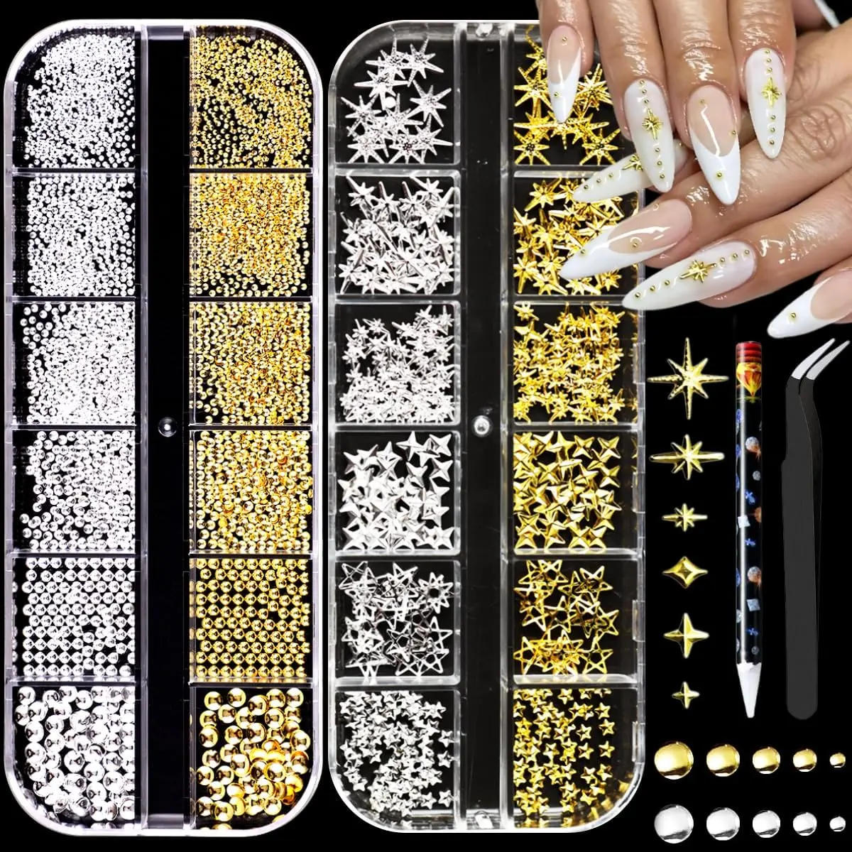 3D Multi-Shapes Star Nail Charms, Gold & Silver Metallic Nail Art Rhinestones Caviar Beads Studs, Nail Jewelry Decorations Manicure Kit with Tweezers & Pencil for Women Acrylic Salon DIY