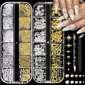 3D Multi-Shapes Star Nail Charms, Gold & Silver Metallic Nail Art Rhinestones Caviar Beads Studs, Nail Jewelry Decorations Manicure Kit with Tweezers & Pencil for Women Acrylic Salon DIY