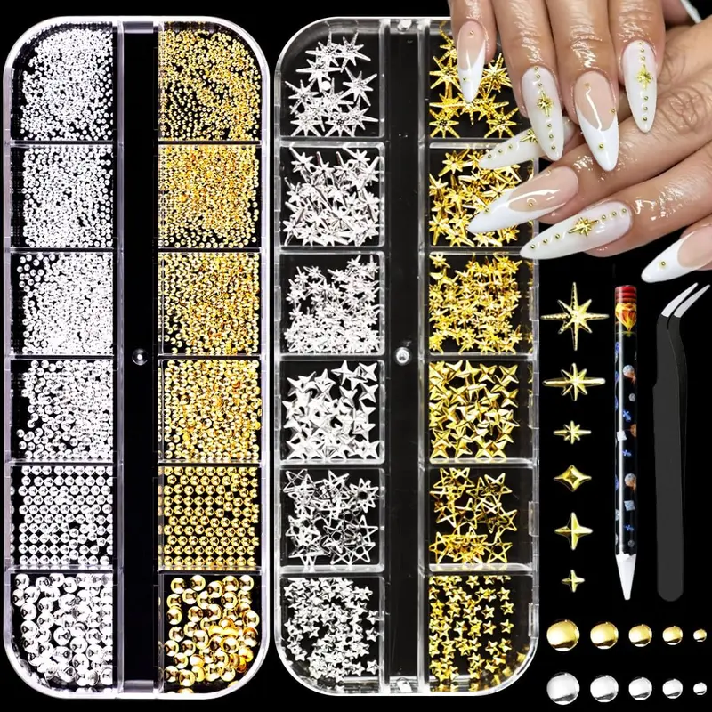 Women's 3D Multi-Shape Star Nail Charms Kit - Gold & Silver Metallic Shining Rhinestones, Sparkly Studded Rhinestones, Caviar Beads, Tweezers, Pencil for Acrylic Salon DIY Nail Supplies (Adults, Prom Use)