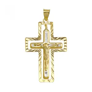14KT Yellow Gold CZ Double Cross Pendant