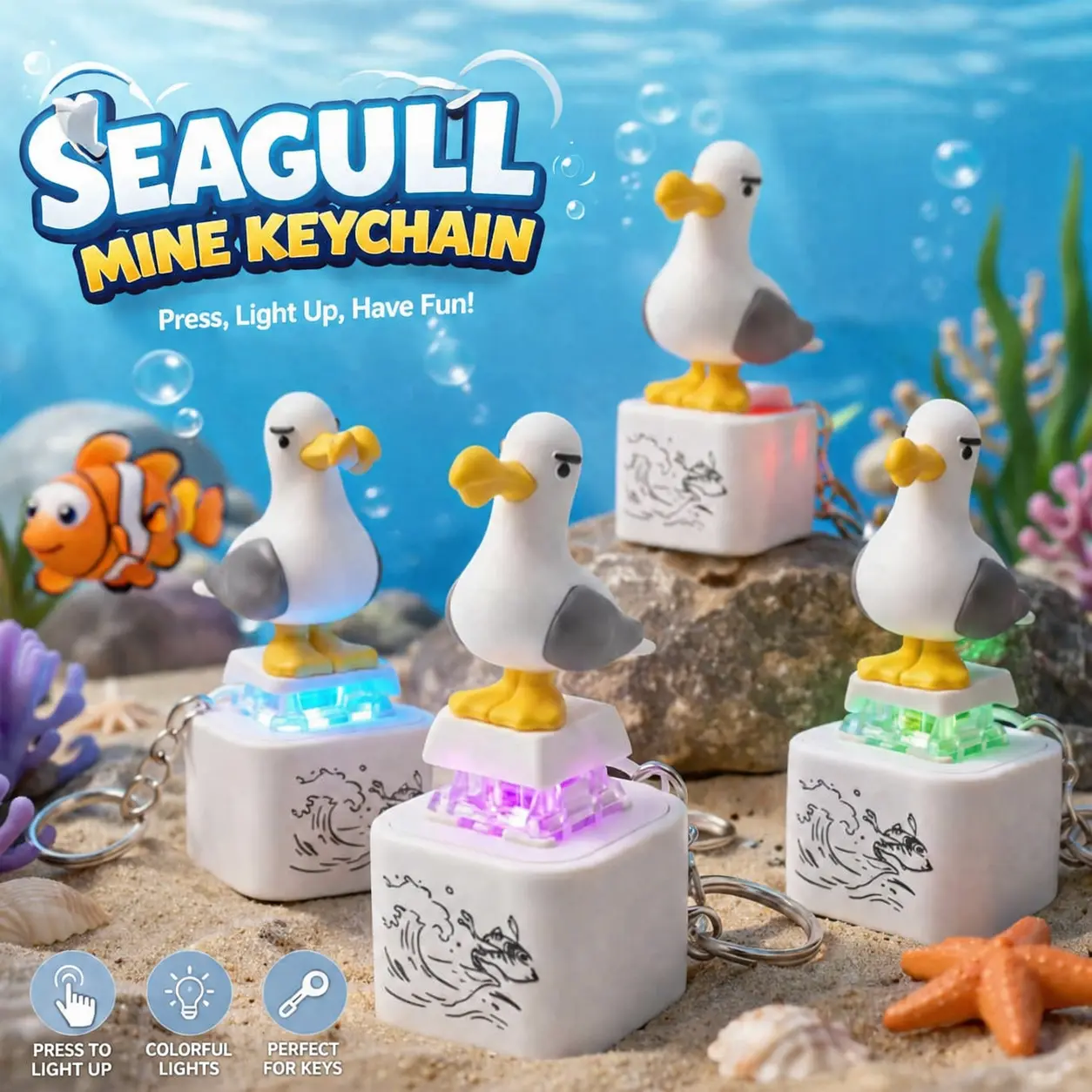 Seagull Mine Keychain,Button with Sound Rechargeable Keyboard Clicker Fidget Toys Stress Relief Noise Maker Animal Keycaps Funny Gifts
