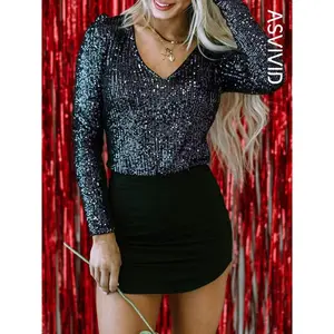 Women’s Glitter Sequin Deep V-Neck Bodysuit, Long-Sleeve Bodysuit for Parties, Clubs, and Dates, Women’s Clothing for Spring and Autumn