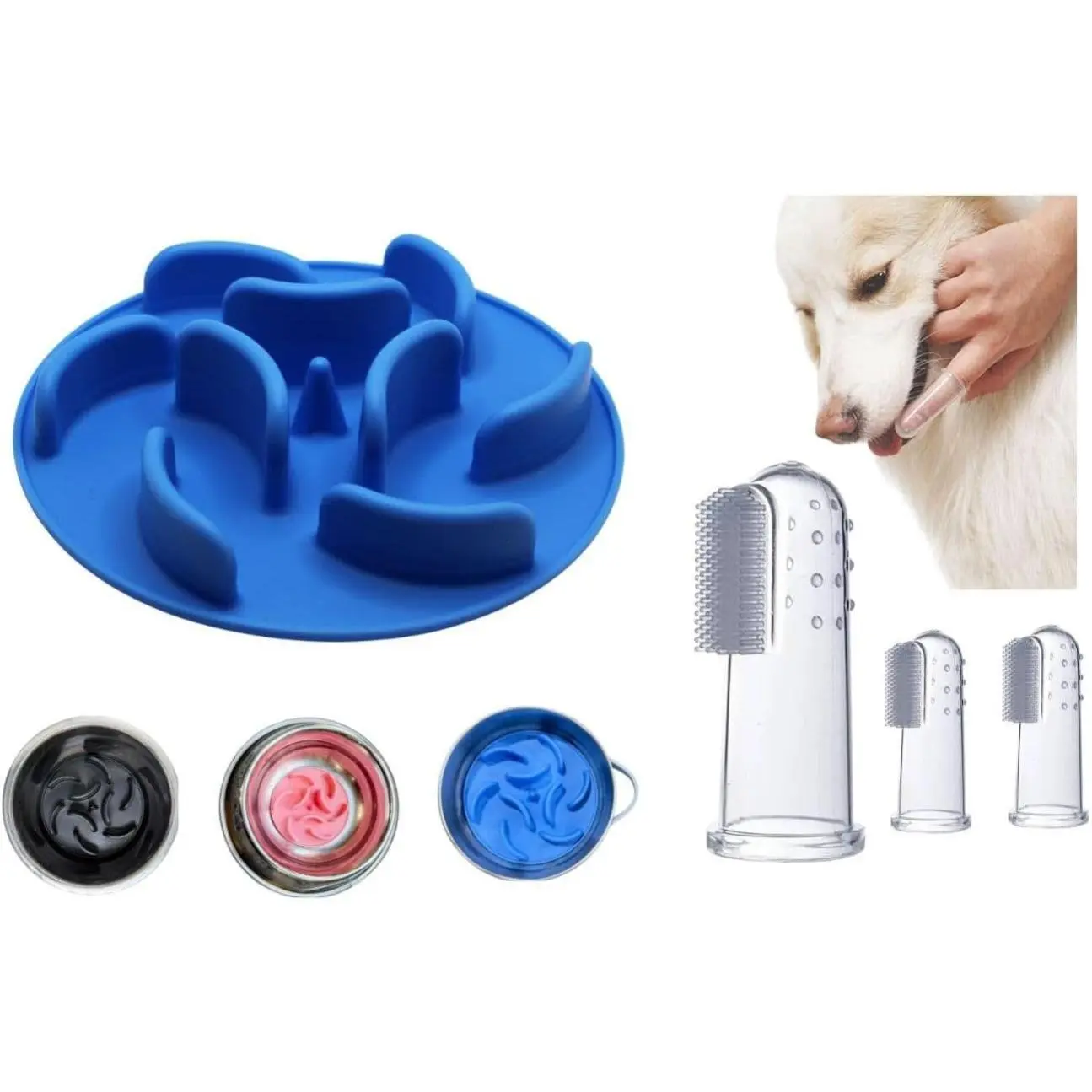 Sajja Pet Products Slow Feeder Insert for Dog Bowl with 26 Suction Cups Anti-Choke Silicone Design Includes 3 Finger Toothbrushes for Dental Care Blue Pink Black