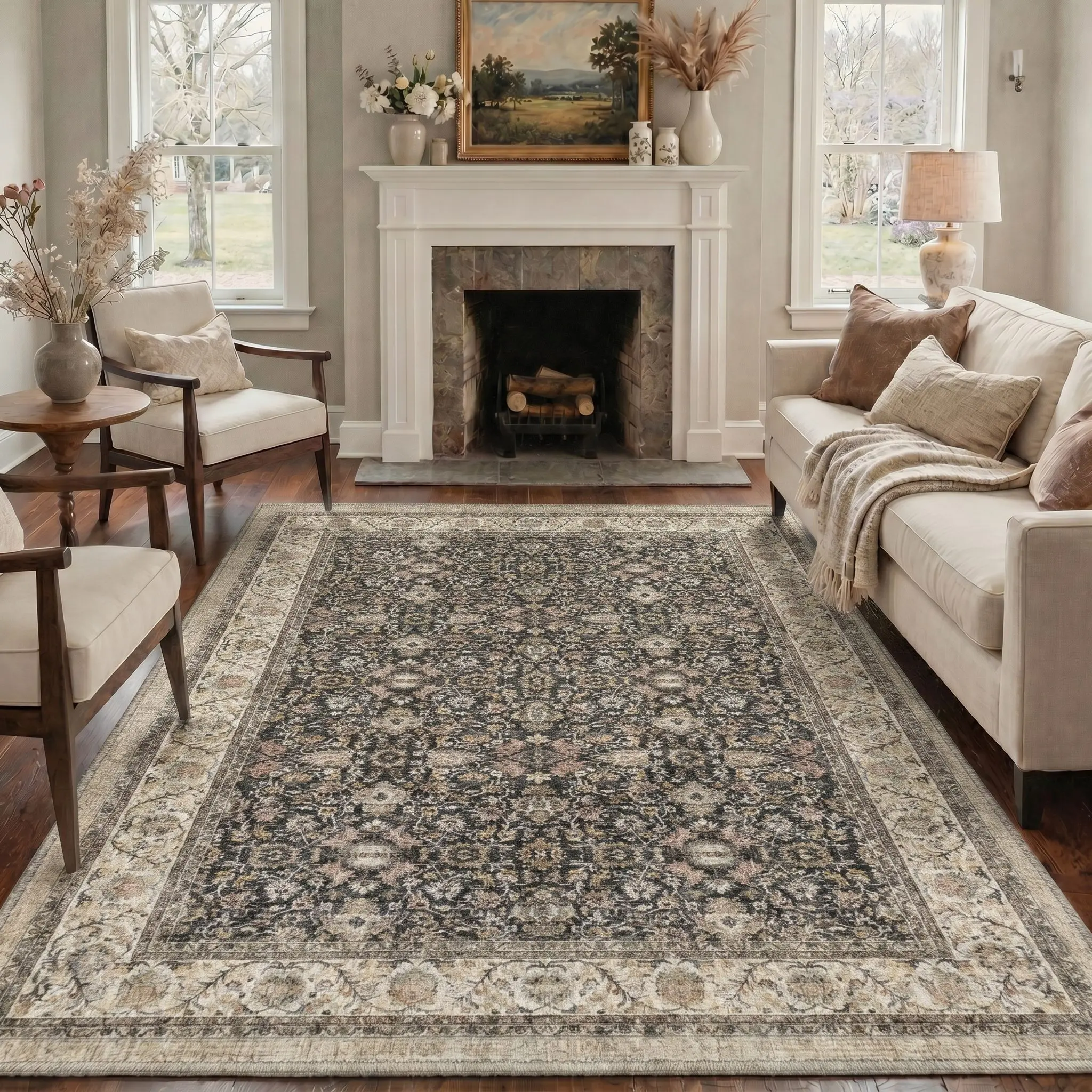 【Deals For You Days】GENIMO Machine Washable Area Rug Non Slip Floor Carpet Pet Friendly Soft Rug for Living Room Bedroom Kitchen Hallway Home Hallway Decor,ARP4706-ONYXBLOOM