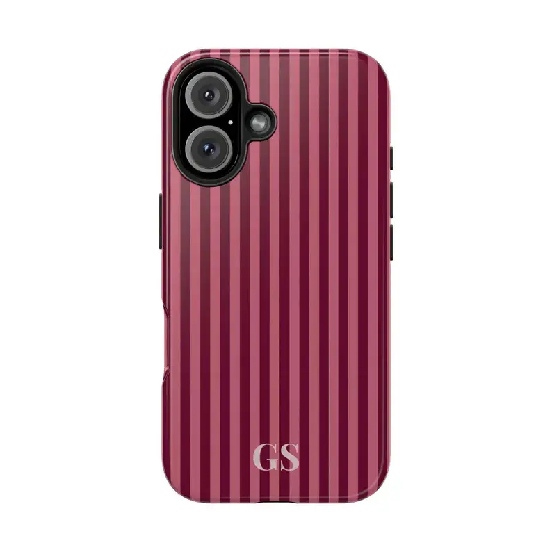 Custom Stripe Phone Case, Personalized Initial Monogram Protective Cover, Wine Red Preppy Coquette Aesthetic Shockproof Slim Case, Gift for Her, for iPhone 18 17 16 15 14 13 12 11 Pro Max & Samsung S26 S25 S24 S23 S22 Ultra