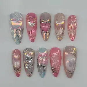 2026 Spring Summer New 24pcs Long Sharp Almond Shape Silver Color Aurora Nail Tips, Reusable Glossy Press-On Nails, Almond Fake Nails for Women