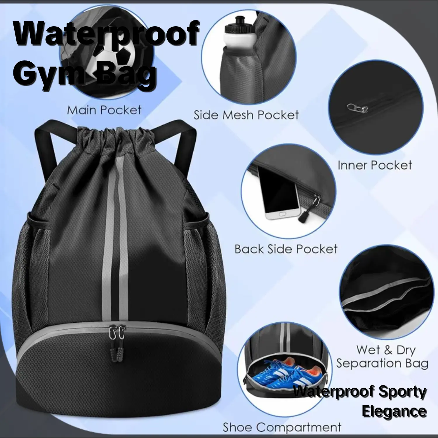 Black Drawstring Gym Bag for Men & Women Waterproof Backpack with Shoes Compartment & Multi-Pocket Design for Soccer Basketball Volleyball Daily Use