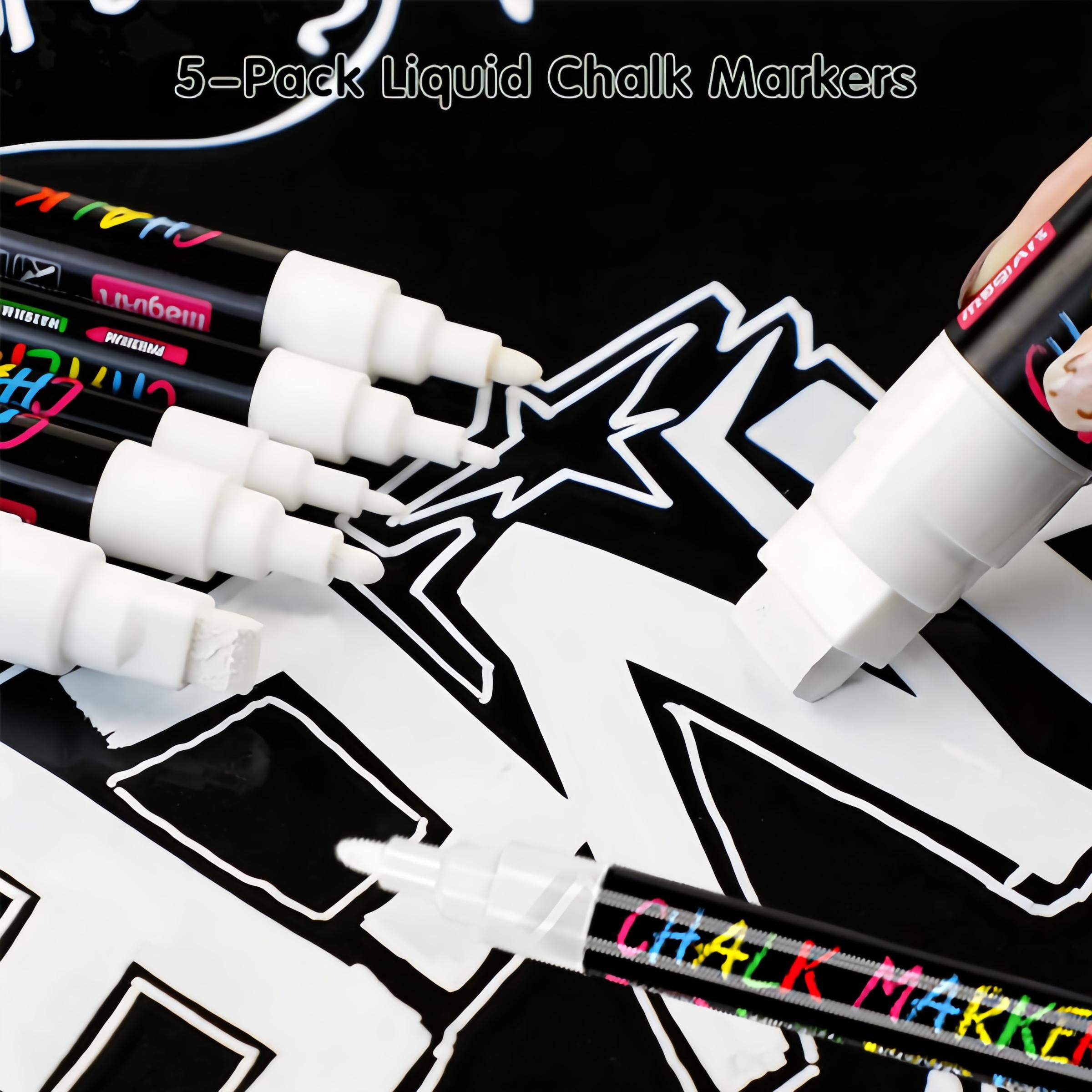 5 Pack White Liquid Chalk Markers – 5 Nib Sizes (0.7, 3, 6, 10, 15mm), Erasable & Washable Window Markers for Glass, Car Windows, Chalkboard, Menu Boards & Signs, Non-Toxic, Dust-Free for Home & School