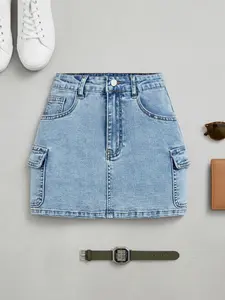 Women's Summer Light Wash Washed American Vintage Denim Short Skirt, Sporty Fitted Feminine Design with Pockets, Comfortable Casual Wear