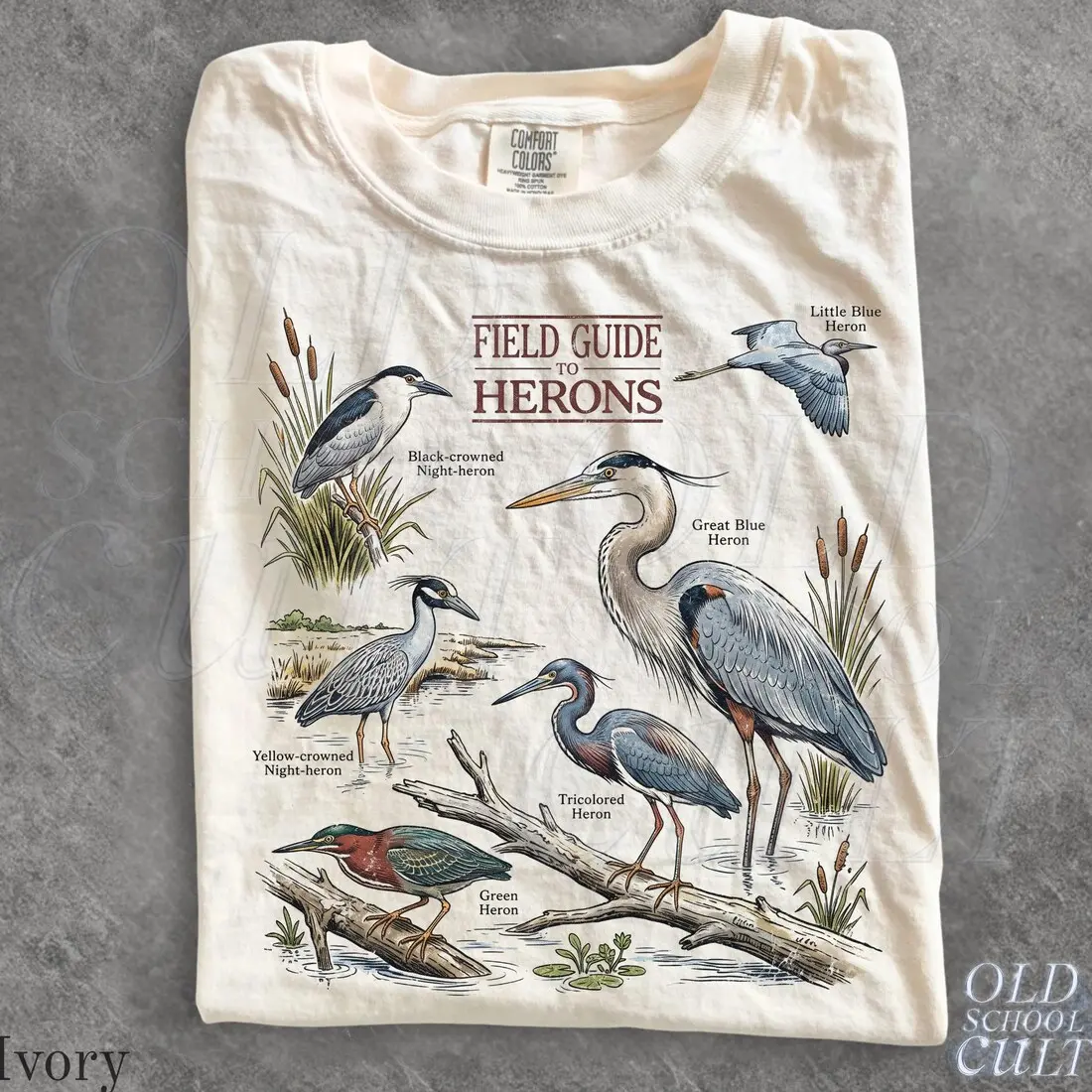Field Guide Herons Ivory Birdwatching T-shirt, Wetland Birds Nature Unisex S-5XL Graphic Tee