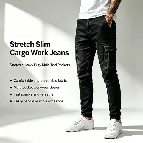 JUNBAOSS Men's Original Slim Fit Cargo Stretch Jeans with Multi-Pocket
