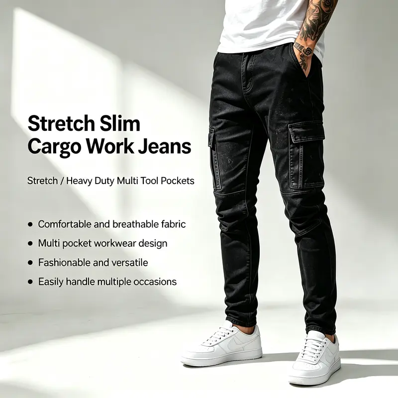 JUNBAOSS Men's Original Slim Fit Cargo Stretch Jeans with Multi-Pocket