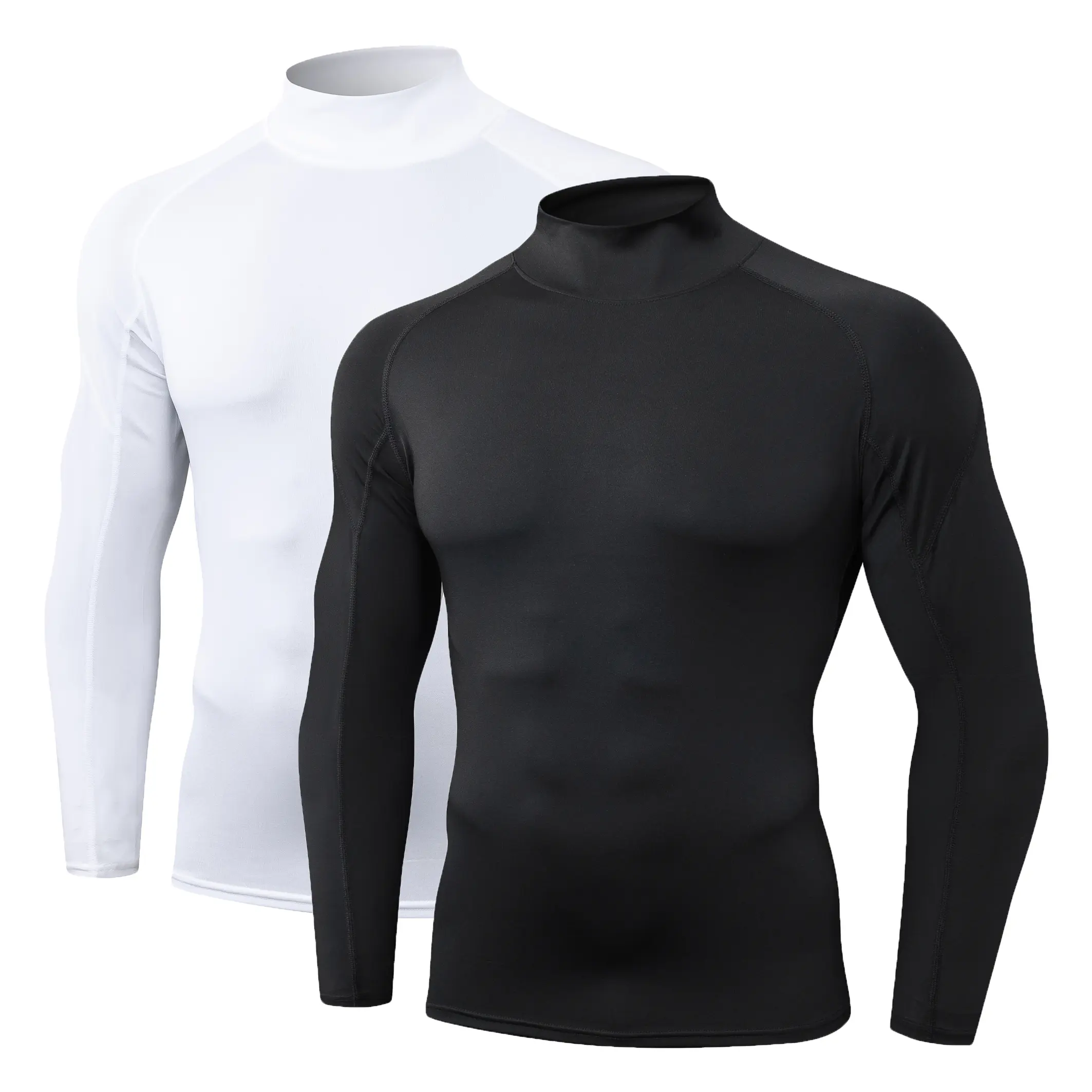 2-Pcs Men's Mock Neck Long Sleeve Compression Shirt - High Elastic Quick Dry Muscle Fit Base Layer Top for Gym Workout, Running & Sports Training, Athletic Activewear Fitness Clothes Tops Dry Fit Stretch