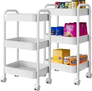 3 Tier Rolling Utility Cart with Wheels – Metal Storage Cart with Handle & 4 Hooks, Mobile Organizer Trolley for Kitchen, Bathroom, Office, Classroom, Dorm, Craft Room & Laundry – Heavy Duty Multi-Functional Rolling Cart, Space Saving Storage Rack