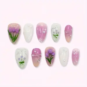 Springtime Short Almond Reusable Press-On Nails with 3D Tulips Flowers Lavender White Ombré Hand-Painted Details Pearl Accents 18mm Length 10 Pieces with Tool Kit