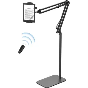 Floor Stand Kindle Holder with Remote Page Turner for Reading in Bed, Tablet Mount with Clicker, Kindle Accessories Tablet Stand Holder for Kindles Tablets iPhones 4.7-12.9 inch(Black)