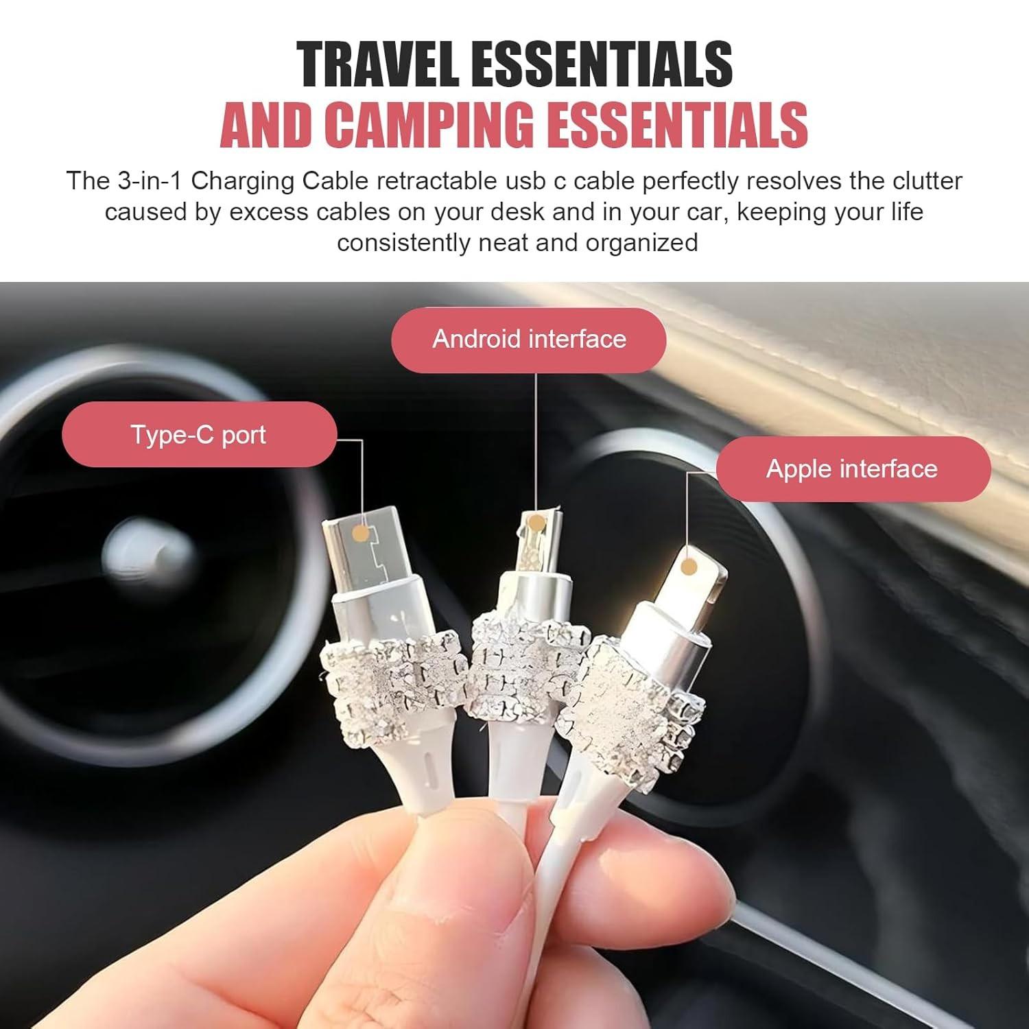 Cute Sparkly Charging Cable 3-in-1 Heart Crystal Rhinestone Aesthetic Fast Charge Car Decoration Phone Accessory TikTok Gift for Girls