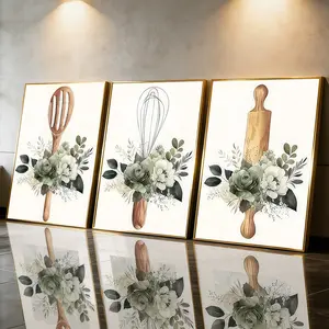3Pcs Aluminum Alloy Framed Painting, Kitchen Utensil Floral Art Print Picture, Home Decoration For Living Room, Bedroom, Office, Restaurant, Hallway Wall Decor, Odorless Print Artwork, Luxury Perfect Gift For Friends And Family