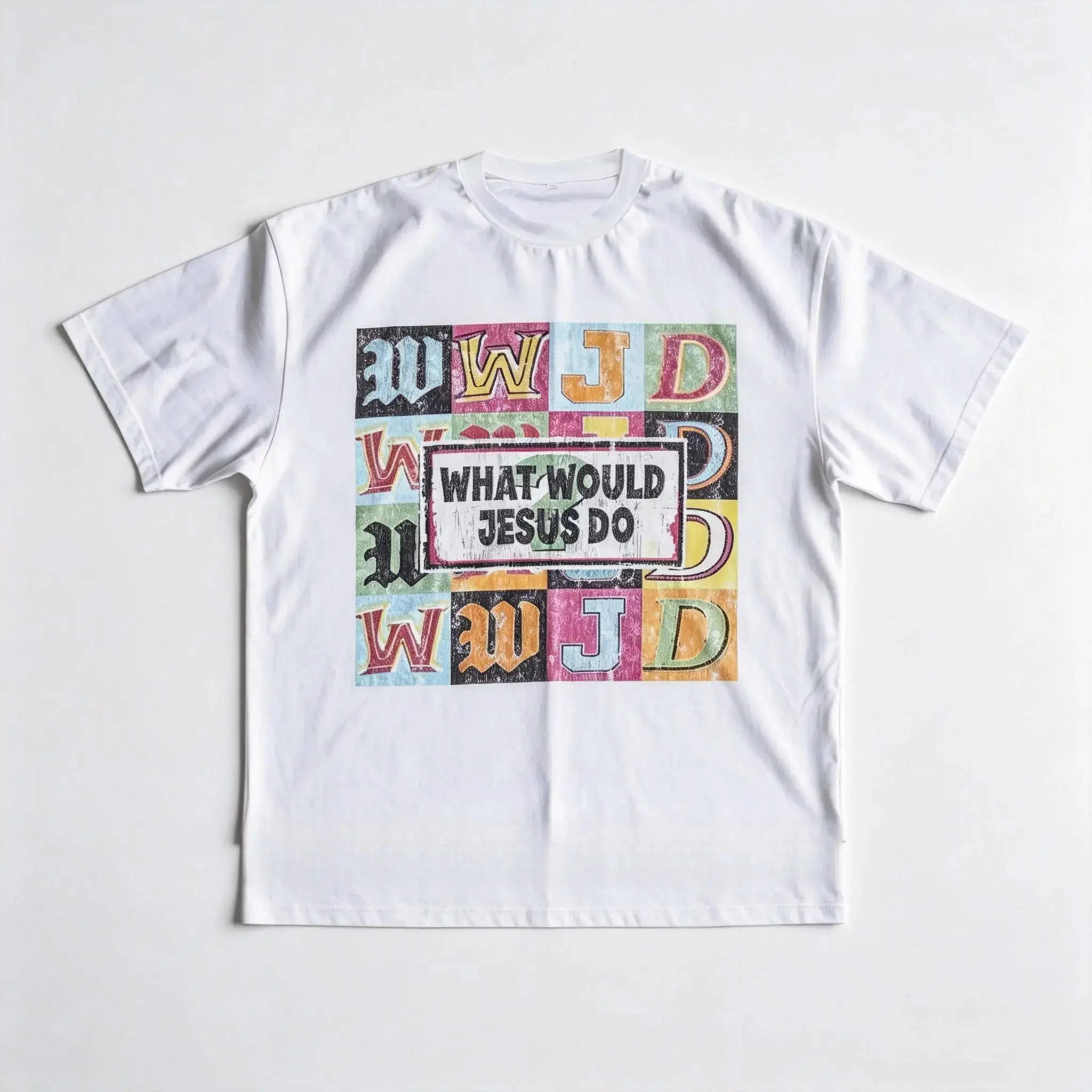 Unisex Retro Classic Streetwear T-Shirt with 'What Would Jesus Do' Graphic, Fitted Short Sleeve Cotton Tee for Y2K Style, Casual Wear for Men & Women