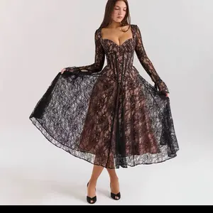 Midnight Rose Beauty Corset Dress - Elegant Long Sleeve Dress with Lace Design, Comfortable Fit, Versatile Style - Elegance, Fashion