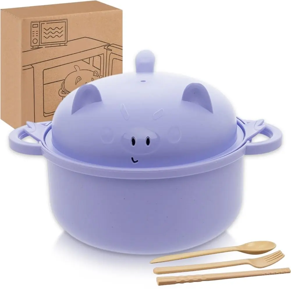 Heat Insulated Wheat Straw Bowl Set, Freezer & Microwave Safe Noodle Cooker with Full Cutlery Supplies(Pig-Purple）