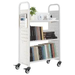 VEVOR Rolling Library Book Cart, 330 lbs Capacity, 30.3x 15x 48.0-Inch Library Cart, Single Sided V-Shaped Shelves with 3-Inch Lockable Wheels, Book Truck for Home Shelves Office and School, White