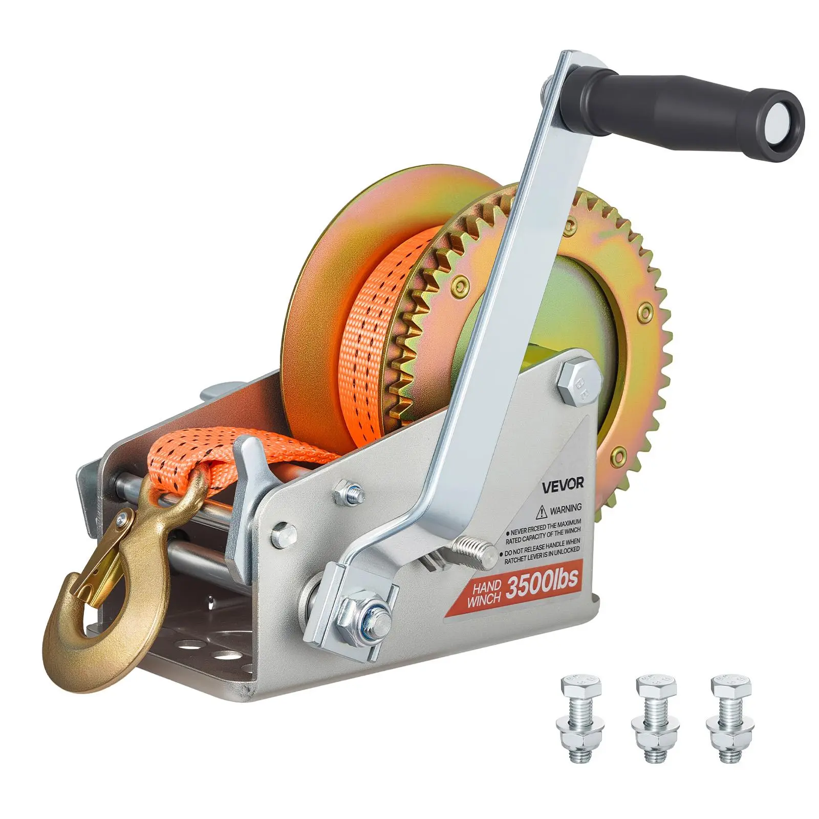 VEVOR Boat Winch, 3500 lbs Hand Winch, Heavy Duty Manual Rope Crank with 20ft Orange Polyester Strap, Portable Two-Way Ratchet, 2 Speed Switchable, Anti-Slip Handle Gear for Boat Trailer ATV Towing