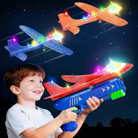 LED Airplane Launcher Toy 3-Pack - 12.6in Foam Gliders with Catapult, 2 Flight Modes, LED Lights, Night Glow - Outdoor Flying Toys for Kids Ages 4-12, Halloween, Christmas Gifts