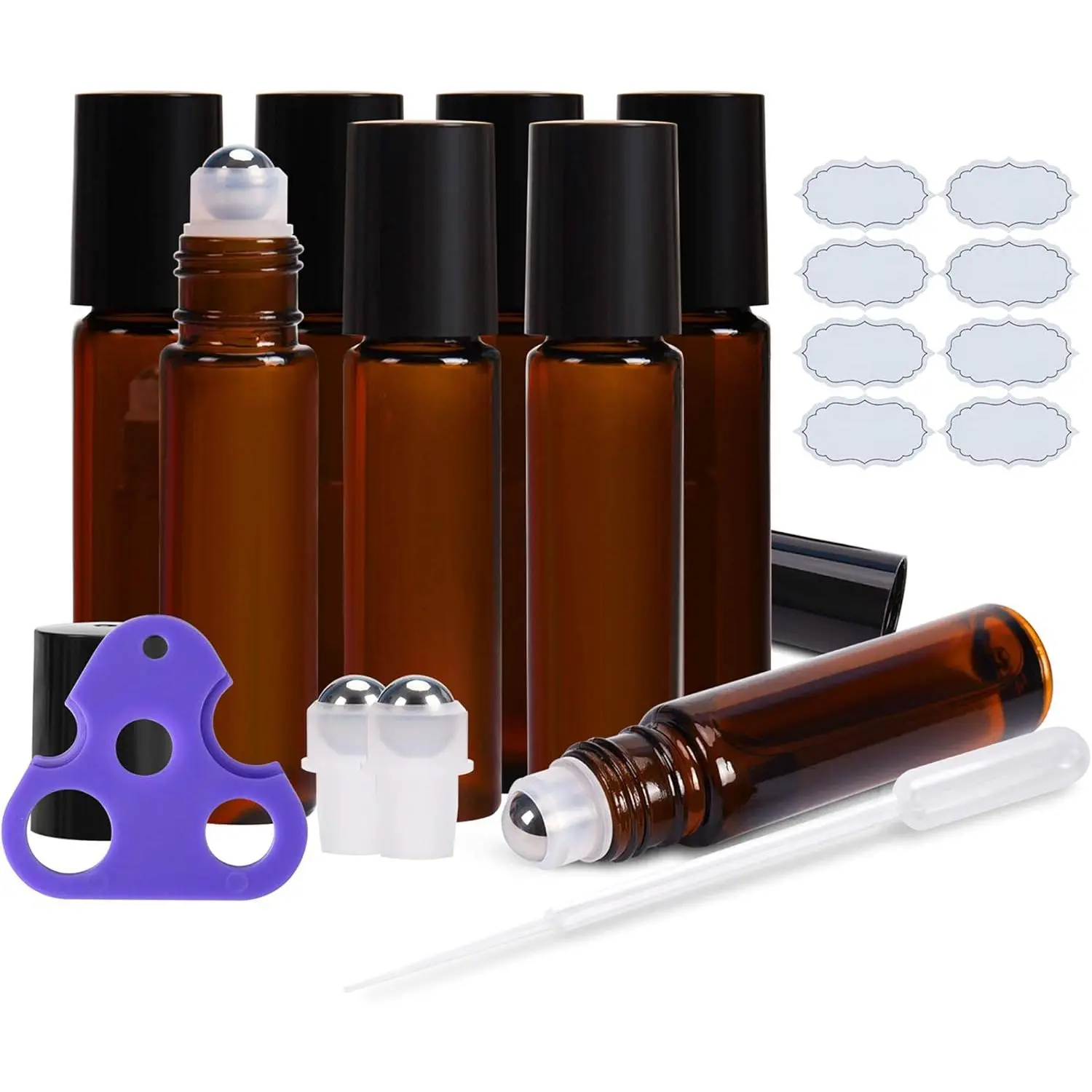 ULG 8-Piece Amber Glass Roller Bottle Set Pack - 10ml Empty Bottles with Stainless Steel Roller Balls, 2 Extra Balls, 8 Waterproof Labels, 1 Opener & 3ml Dropper for Essential Oils
