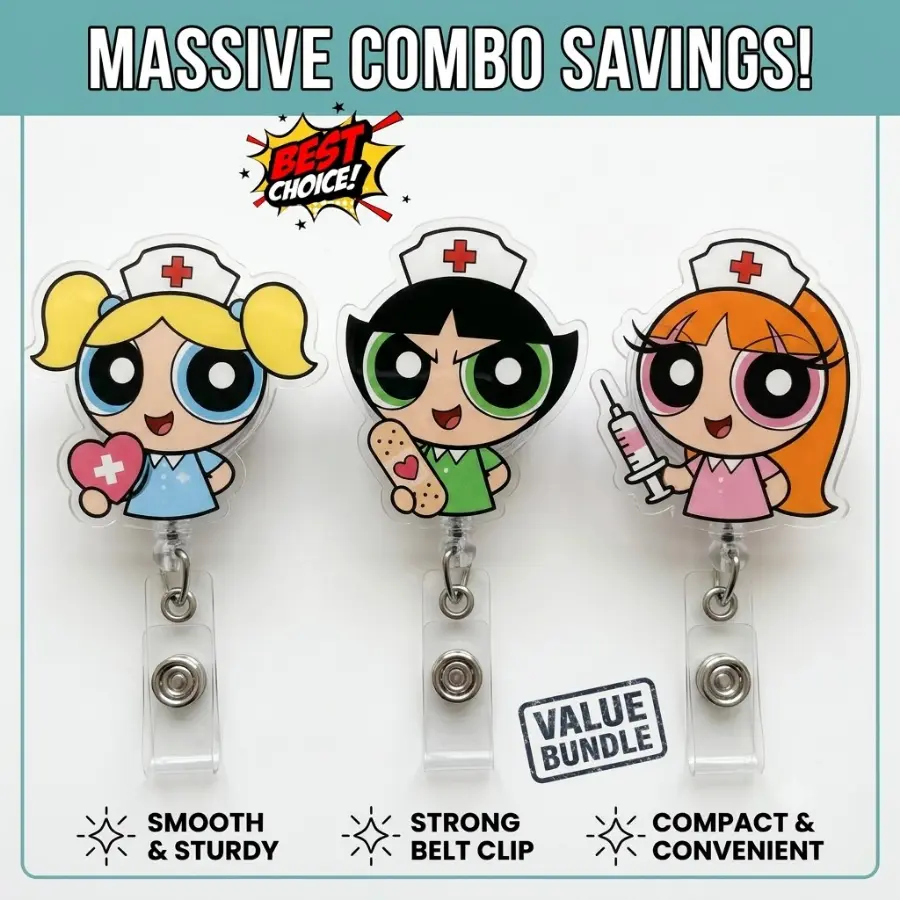 [Best Value Bundle] The Powerpuff Girls Nurse Badge Reel, Retractable Id Holder For Doctor And Healthcare Staff, Cute Cartoon Design For Daily Work Use And Gift Idea