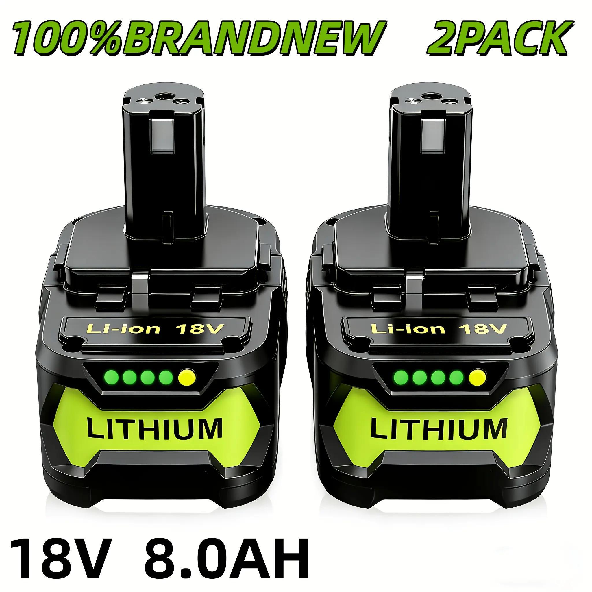 2 PACK 8.0 Ah P108 High-Capacity 18V Lithium-Ion Battery, Compatible With Ryobi P102 P103 P104 P105 P107 P108 P109 P122 P190 | Upgraded Rechargeable, Metal And Plastic Construction, Compatible With Ryobi 18V Cordless Tools