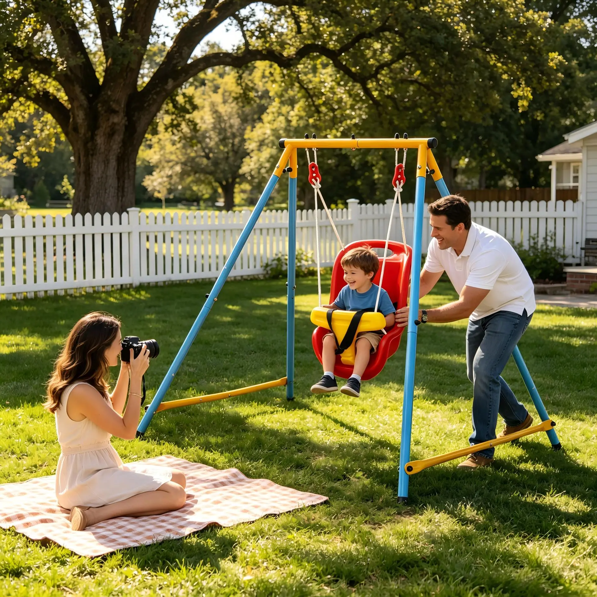 Free-Standing Unisex A-Frame Heavy Duty Powder Coated Metal Foldable Swing Set, 3-4 Years Toddler/Infant Playset with Safe High Back Bucket Seat for Indoor & Outdoor Backyard Use