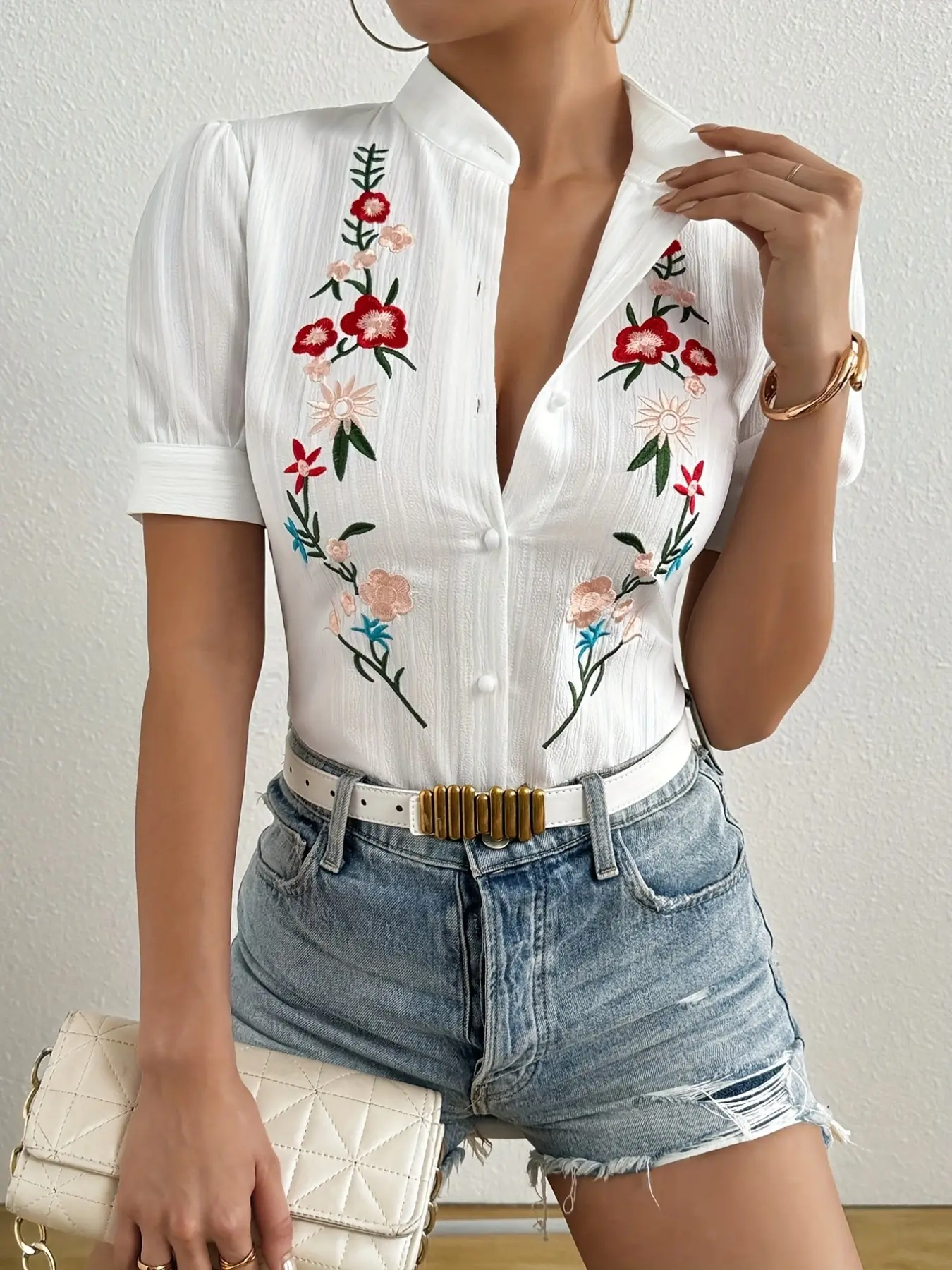 Women's Fitted Short Sleeve Single Button Floral Embroidery Button Front Blouse Shirt, Casual Style, Perfect for Daily Wear, Elegant and Comfortable Design, Top