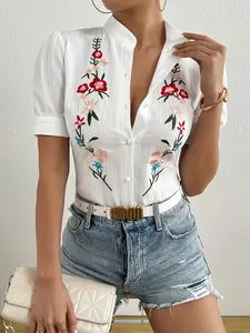 Women's Fitted Short Sleeve Single Button Floral Embroidery Blouse Shirt, Casual Style, Perfect for Daily Wear, Elegant and Comfortable Design, Top