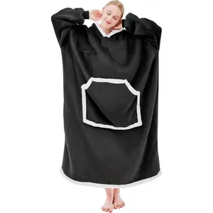 Wearable Blanket Hoodie,  Sherpa Fleece Hooded Sweatshirt with Eye Mask, Cozy and Giant Blanket Hoodie with Sleeves Extra Long for Adults Men Women, Black