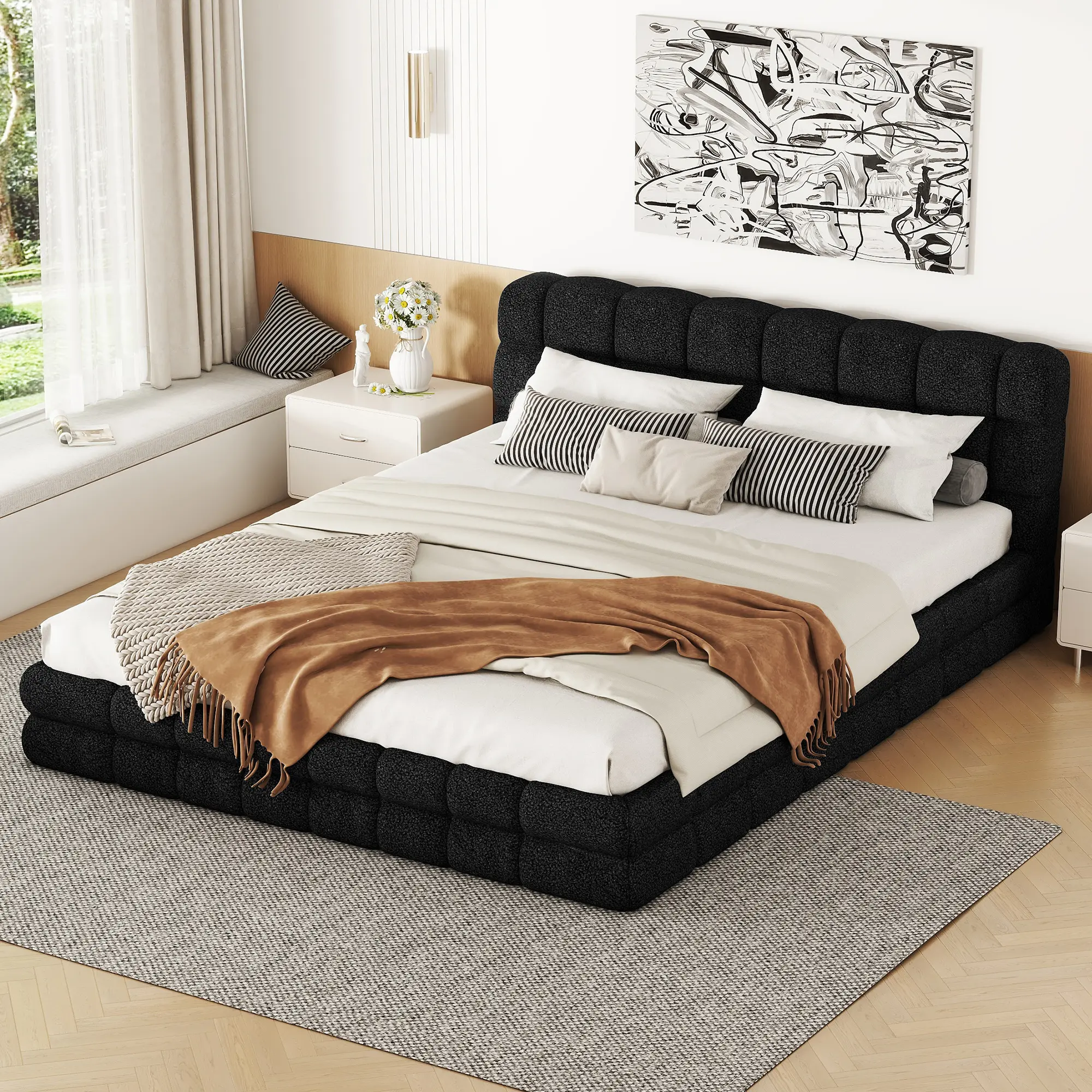 Queen Size Fleece Upholstered Bed Frame with Soft Headboard, Grounded Floor Platform Bed with Wooden Slats, Easy Assembly for Bedroom (Black), Bed Frames
